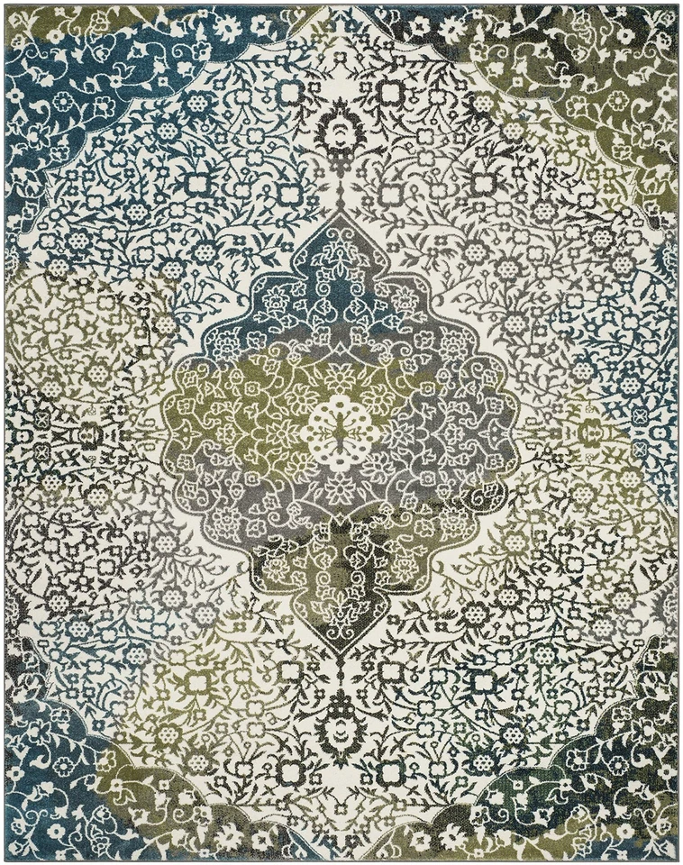 Tapete de área coleção aquarela - 9' x 12', azul marfim e pavão, boho chic me... - Imagem 2 de 4