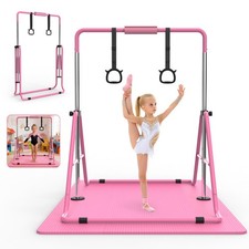 Gymnastics Bar for Kids Horizontal Bar Adjustable Height Foldable with Mat Pink