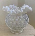 Vtg Fenton Opalescent White Clear Moonstone Hobnail Vase Rose Bowl Crimped Edge