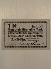 Notgeld Breslau 1916 &ndash; 1 Mark J. Kemna Kriegsgefangene Leinen / Stoff selten