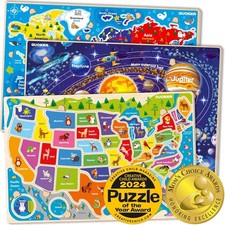 3 Pack Wood Jigsaw Puzzles For Kids Ages 4-6 World Map Educational Toddler Toy