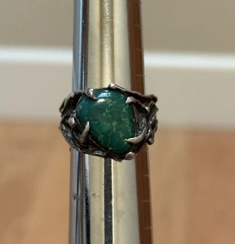 Vintage Sterling? Silver & Malachite Green Stone Brutalist Ring 15g Sz 10.5