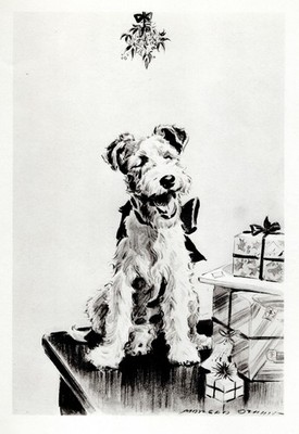 Wire Fox Terrier ''XMAS'' - 1946 CUSTOM MATTED - Antique Dog Art Print - M. Dennis
