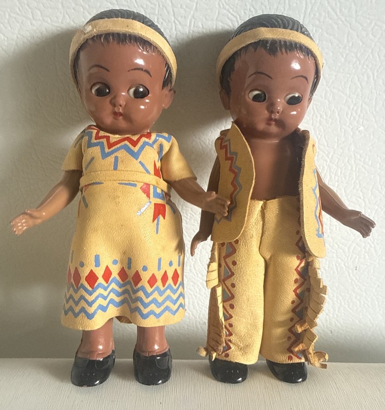 2 Vintage 1950s Indian Dolls Sleepy Eyes 5” Boy Girl Plastic Molded Art Co. N.Y.