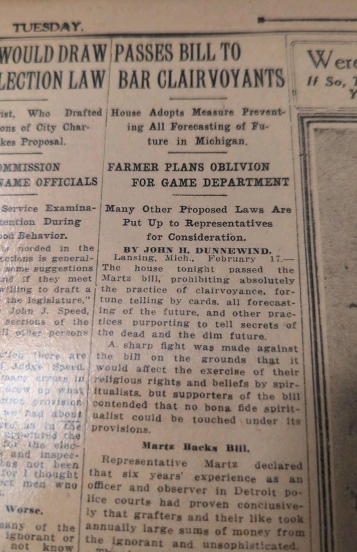 FEB 18, 1913 NEWSPAPER PAGE #2266- MICHIGAN PASSES BILL TO BAR CLAIRVOYANTS