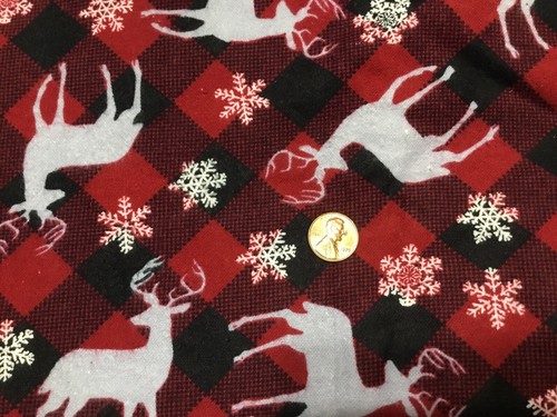 Snuggle Flannel Fabric Reindeer and Snowflakes on Black & Red Checked 2+ yrds - Picture 3 of 5