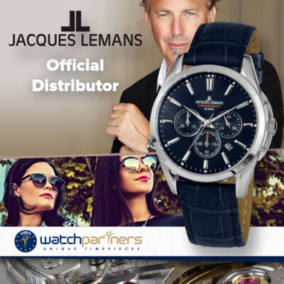JACQUES LEMANS 'Classic' Chronograph Date Watch 10ATM 42mm Case Blu Strap & Dial