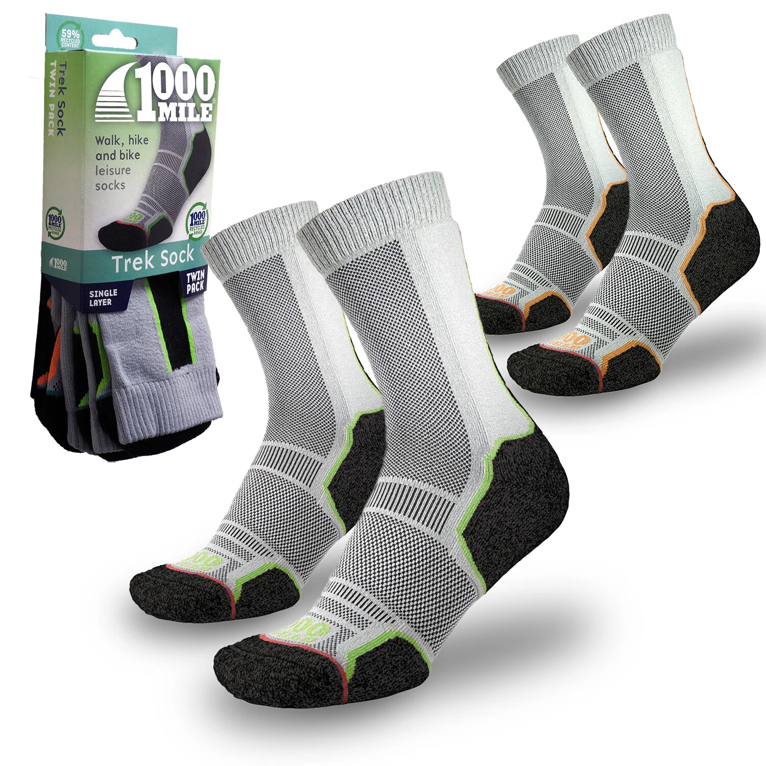 1000 Mile Trek REPREVE Hiking Walking Outdoor Men's Socks, 2 Pair Per Pack