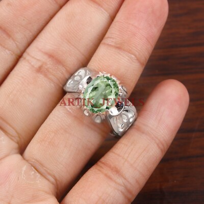 Natural Green Amethyst Gemstone with 925 Sterling Silver Ring for Men's #4936