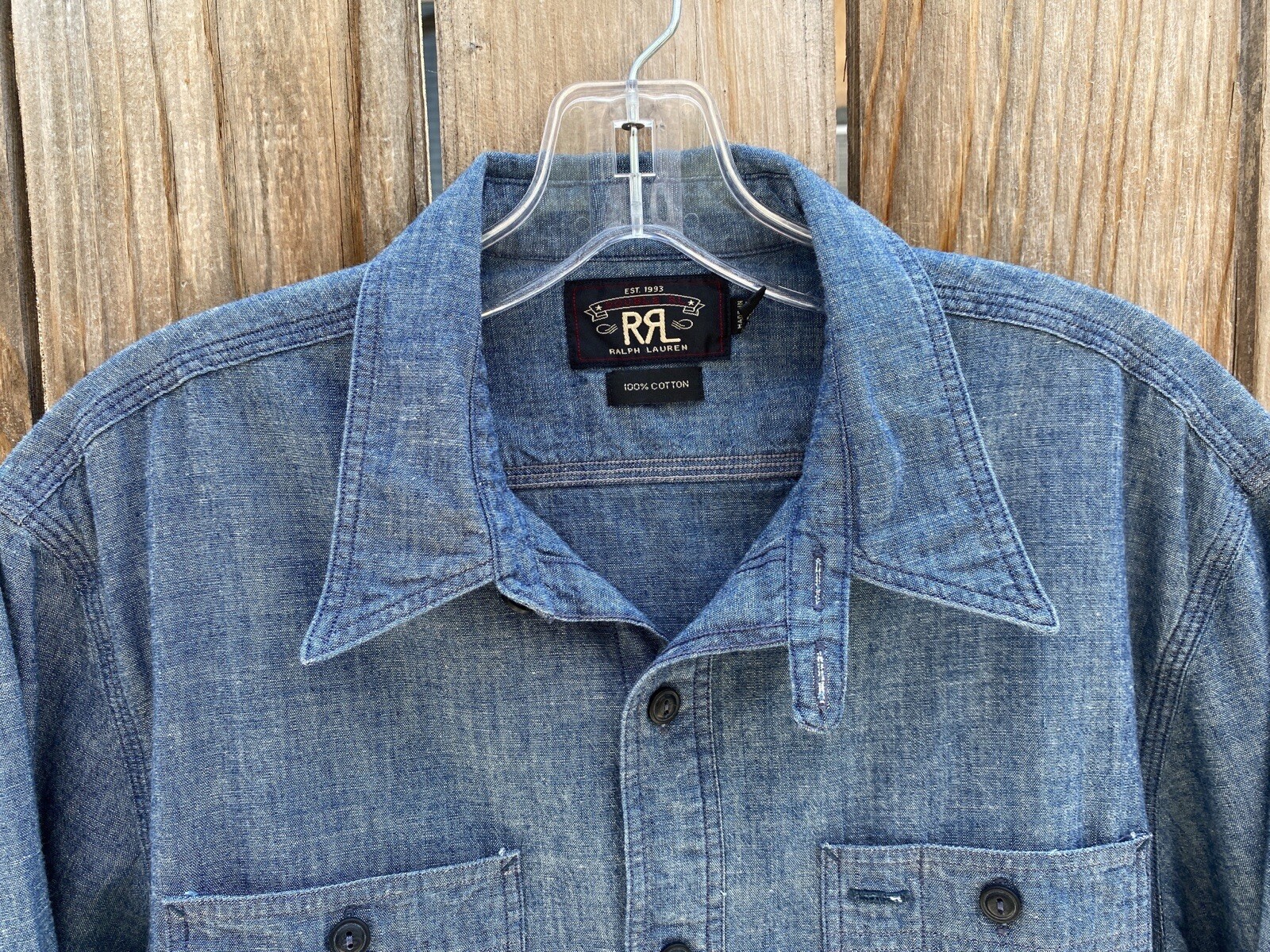 RRL blue 1930s COTTON CHAMBRAY CHIN STRAP WORK SHIRT … Gem