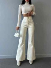 Womens Real Lambskin Leather 5 Pockets Style Pants Slim Fit Trousers wide pants