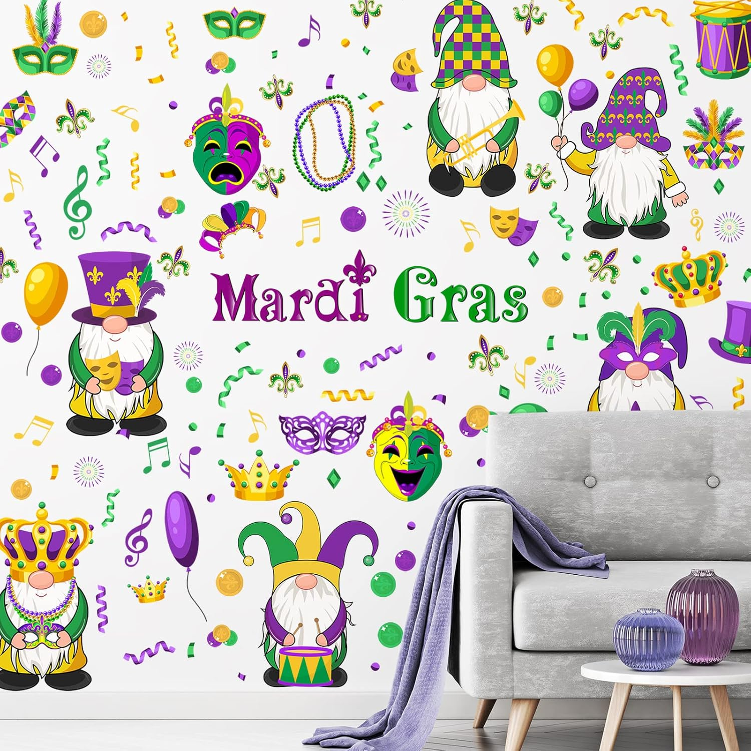 135-Piece Mardi Gras Wall Stickers with 6 Sheets of Festive Gnome Decorations