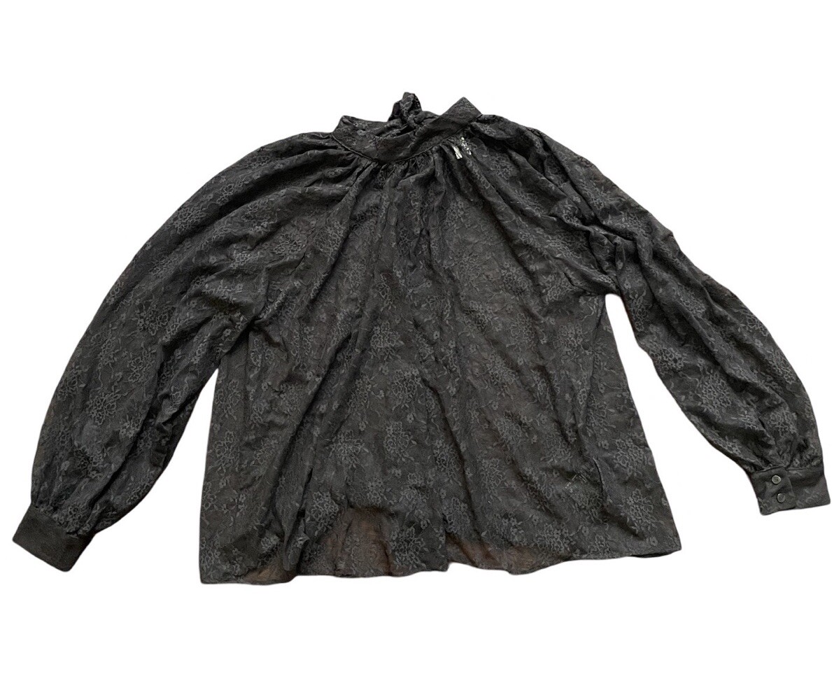 H&M Black Lace Blouse Size XL Mock Neck Long Sleeve
