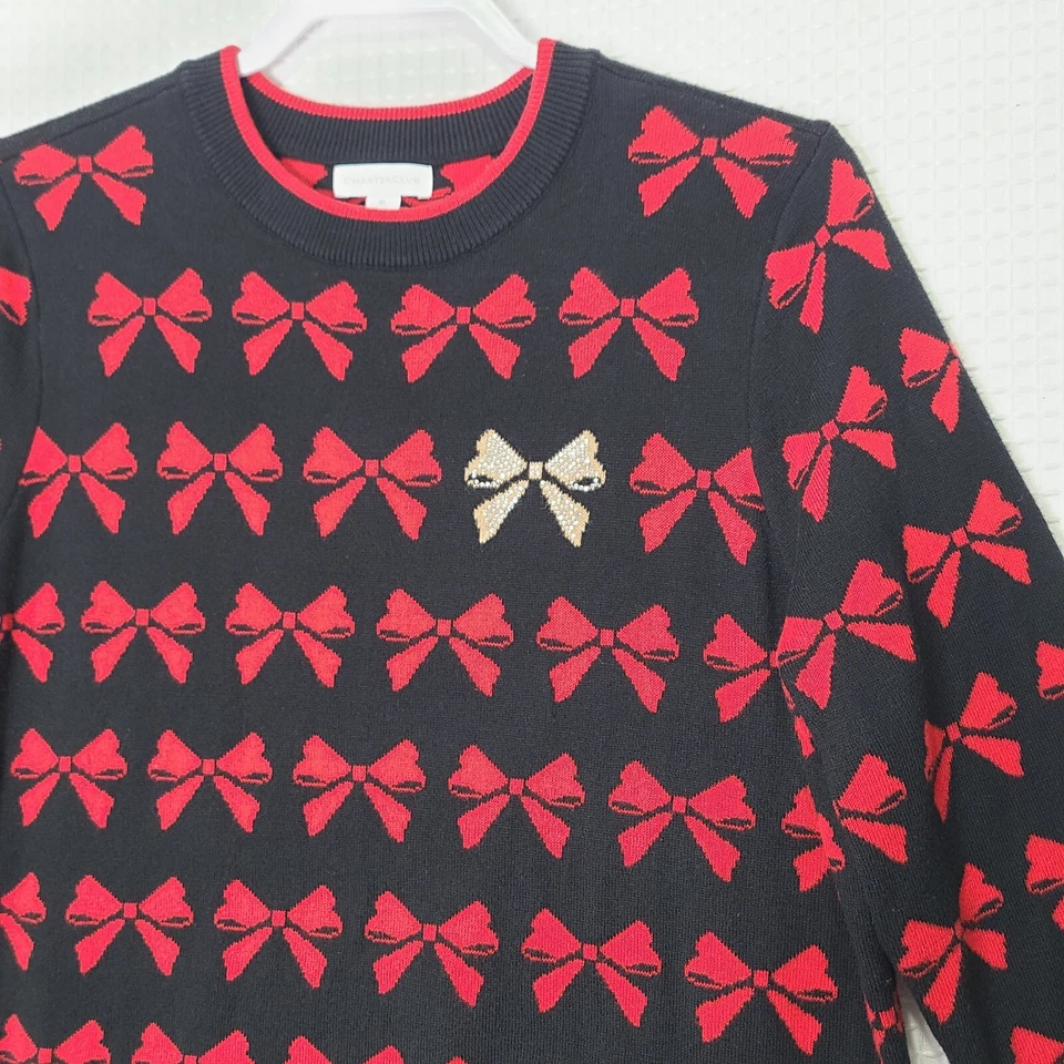 Suéter Pullover Charter Club Para Mujer XL Negro con Lazos Rojos Suave Elástico Foto 2 de 4