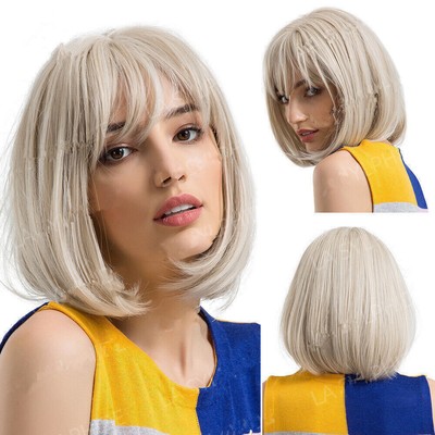 Platinum Blonde Bob Hair Wigs with Bangs for Women Ladies Short Straight Wig