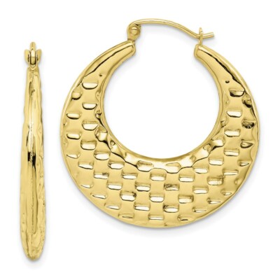 Real 10kt Yellow Gold Polished Textured Hoop Earrings