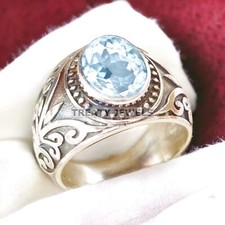 Aquamarine Oval Cut Gemstone With 14K Solid White Gold Ring For Men's A186
