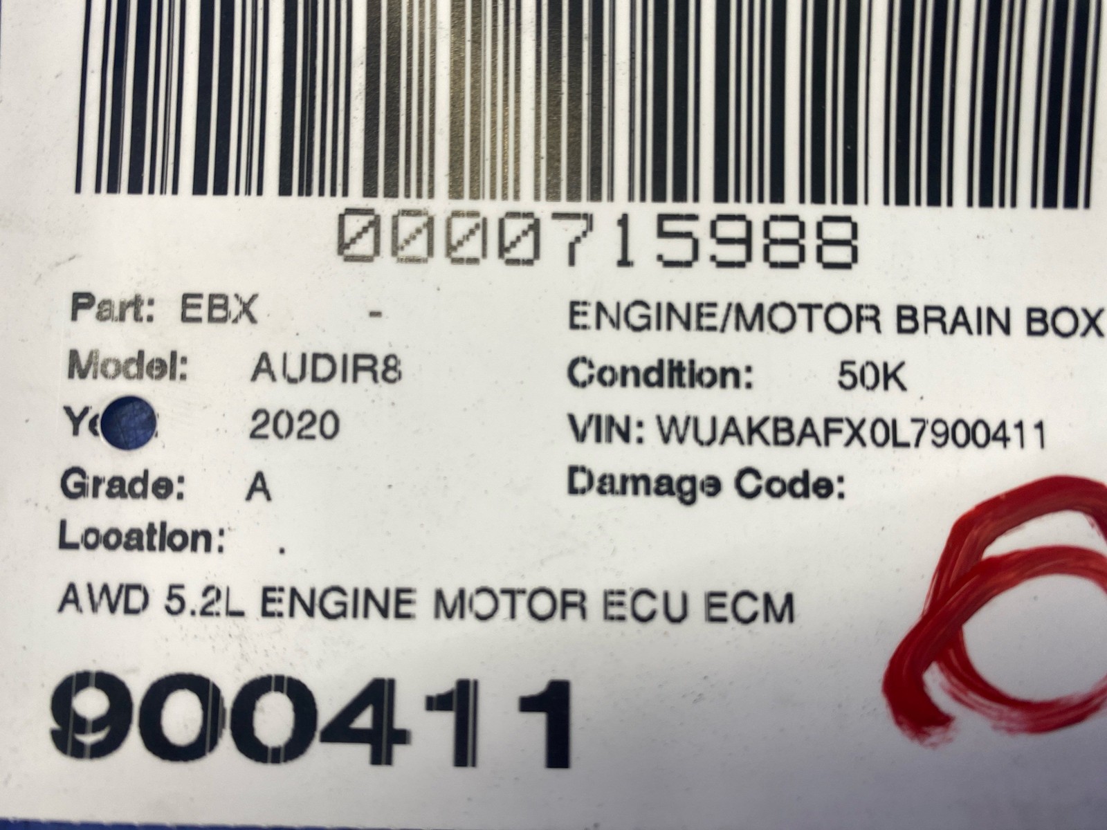 2020 AUDI R8 AWD 5.2L ENGINE MOTOR ECU ECM CONTROL MODULE UNIT 4S0907552AB OEM