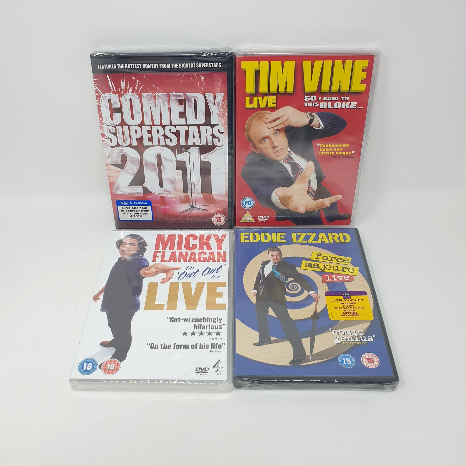 New/Sealed Stand Up Comedy x4 Dvd Bundle Tim Vine Micky Flanagan Eddie Izzard