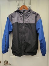 Under Armour Youth Large Hooded Windbreaker Jacket Gray Black Blue