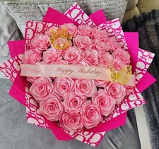 Handmade Ribbon Rose Eternal Bouquet  15 pink  Rose small crown including