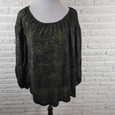 Ava Viv Womens Top 1X Plus Long Sleeve Green Watercolor Poly Blend Office Casual