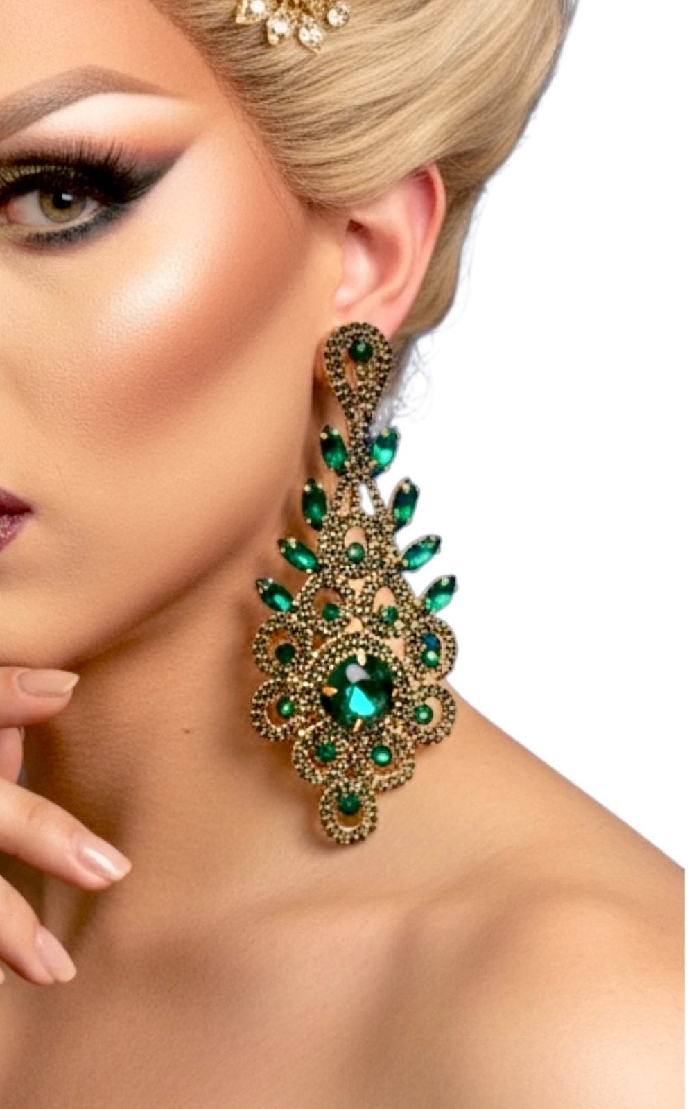 Pendientes grandes de filigrana con cristales verdes bosque de 5,75" concurso Drag Queen