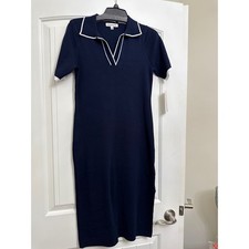 Nanette Lepore Dress Navy White Knit Midi Polo Collar Short Sleeve Side Split M