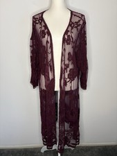 Open Cardigan Lace Kimono Sz Large Wine Sheer Layering Boho Romantic Fairy