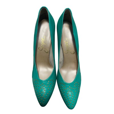 Vintage Joyce Studded Teal Pumps Women's Size 7.5 NARROW