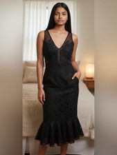 Vtg 90 s Cache Black/Brown Midi Dress Lace Ruffle Party M