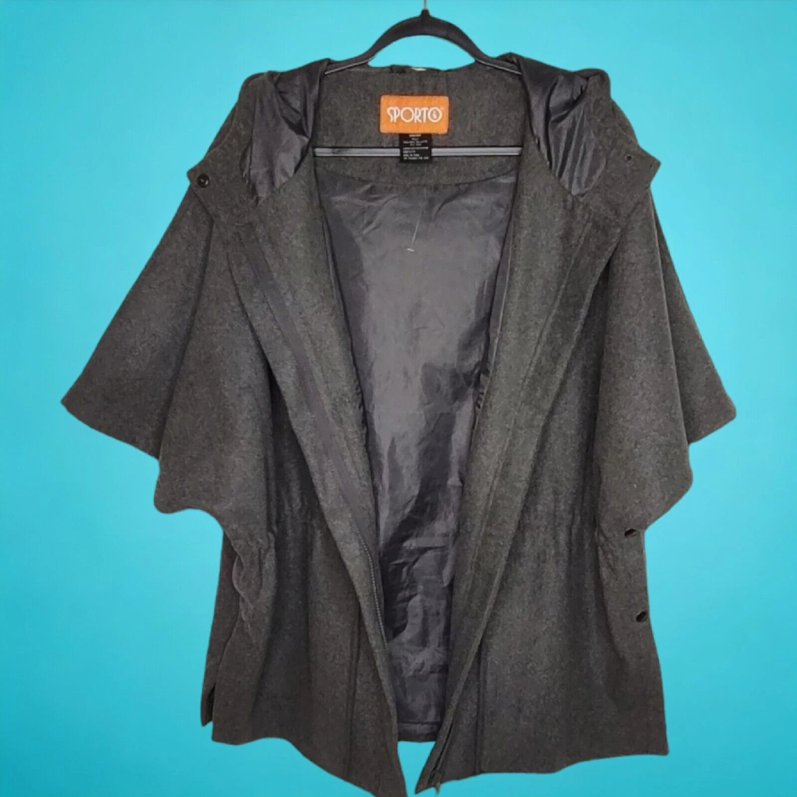 Sporto Missy Hooded Grey Poncho Cinched Waist Cape OS (XL or 1X) Full Zipper