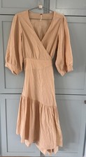 FP Free People Beige Cotton Linen Puff Sleeve Wrap Midi Dress Ruffle Tie L