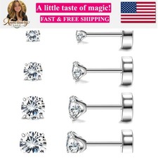 Titanium Flat Back Stud Earrings Hypoallergenic 20G Screw Back CZ G23 Tit...