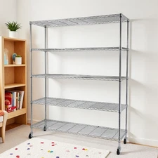 5-Tier Rolling Wire Shelving Unit - Heavy Duty, Adjustable, Modular & Silver