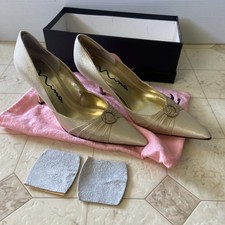 Nina Sparkly Gold Dressy Slide Pointed-Toe Pumps w/Bling Buckle Sz 6.5M