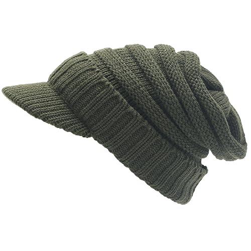 Mens Beanie with Brim Winter Hat Knitted Thick Fleece Visor Beanie