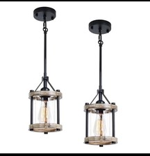 Farmhouse Pendant Light 2 Rustic Wood Metal Cage In Hanging Light Fixtures