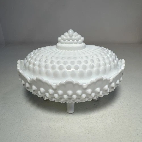 Vintage Hobnail Milk Glass, Oval Candy Dish With Lid