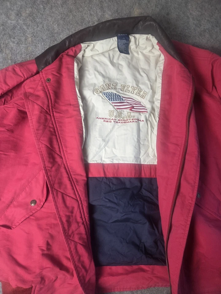 GANT Flyer USA Bomber Red Jacket Leather Collar Vintage 90s Men’s Large  - Image 2 of 4