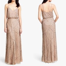 NWT Adrianna Papell Beaded Sequin Blouson V-Neck Gown Maxi Dress Champagne 14