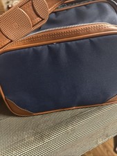 Vintage Camera Bag shoulder Satchel Blue Canvas Brown leather Trim