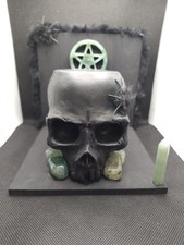 Gothic Skull Bookend Handmade | Green Pentagram Crystal | Occult Witchy Decor