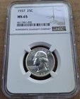1937 S Washington Quarter.  NGC Holder Error MS65. Graded As 1937 P