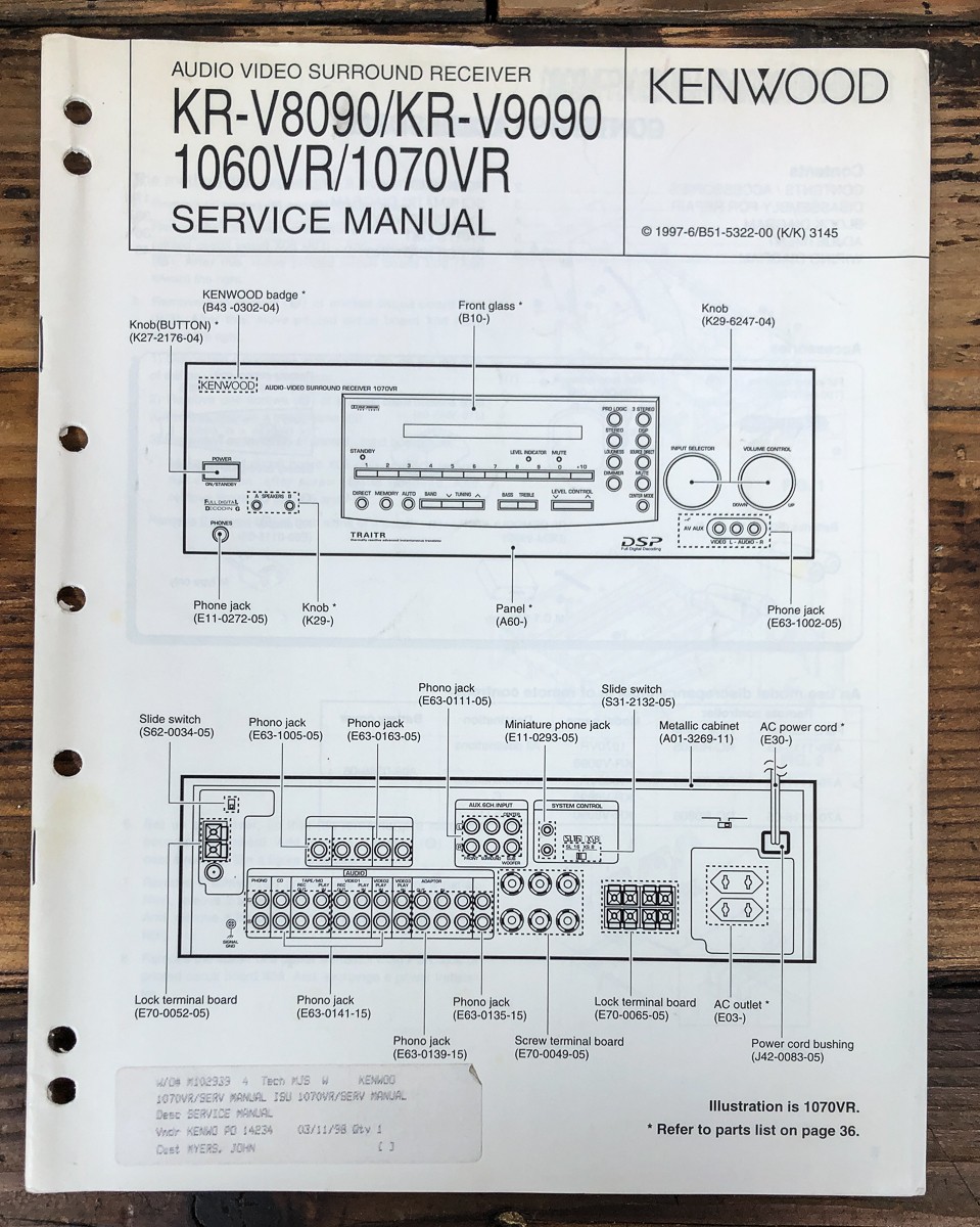 Kenwood KR-V8090 -V9090 -1060VR -1070VR Receiver Service Manual *Original*