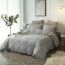 Bedding Set Queen Size Duvet Cover with Ruffles Soft Microfiber Light Gray
