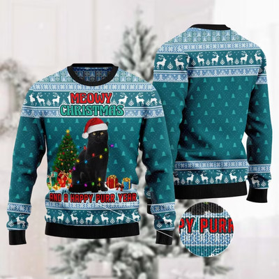 BG Christmas Black Cat And Santa Hat Ugly Sweater, Meowy Ugly Christmas Sweater,