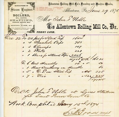 Allentown Rolling Mill Co PA Handwritten Signed L H Gross Receipt Bill head 1875