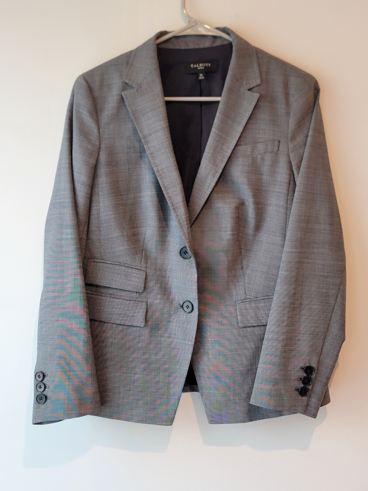 Talbots Blazer Jacket Women 10P Petite Gray Swiss Dots Wool Blend Office Career