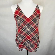 Naif Sheer Tank Top Sz S Red Plaid V-Neck Attached Black Cami